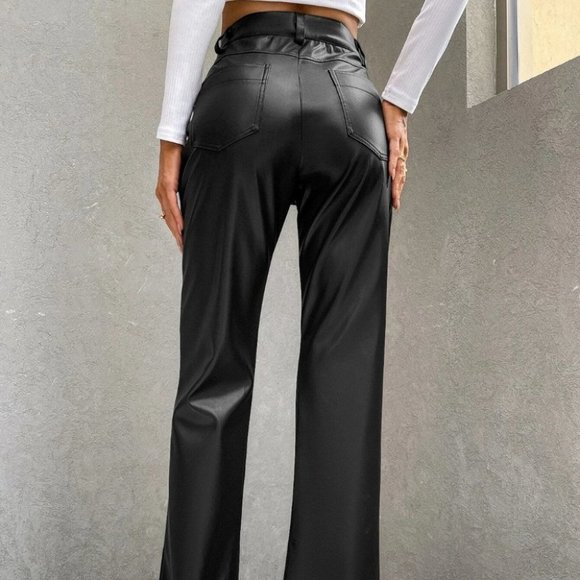 minimalist faux leather leather slit hem flare leg pants black - Picture 3 of 6